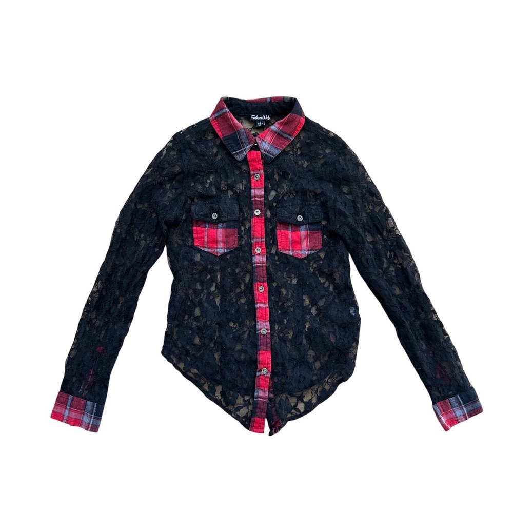 Vtg Black Floral Lace Red Plaid Trim Button Down Shirt Grunge handmade M grunge